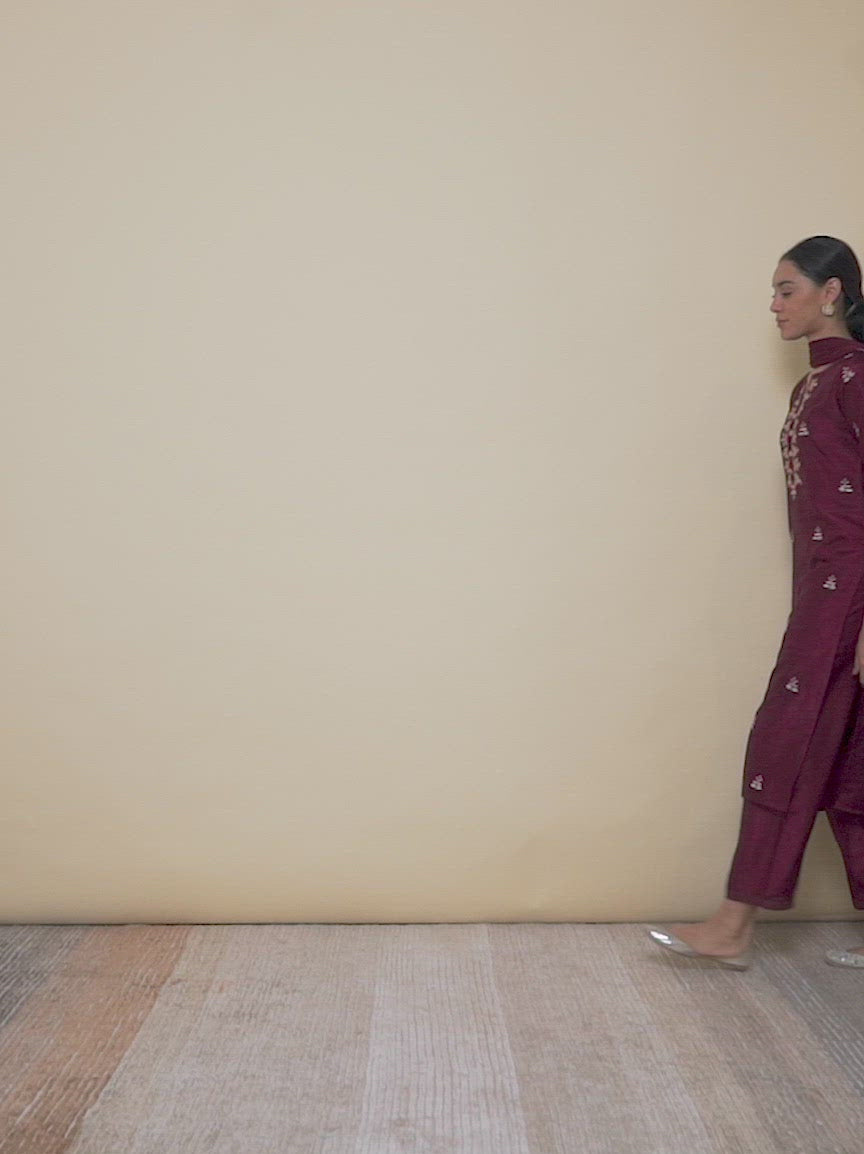 Maroon Embroidered Silk Straight Kurta With Palazzos & Dupatta