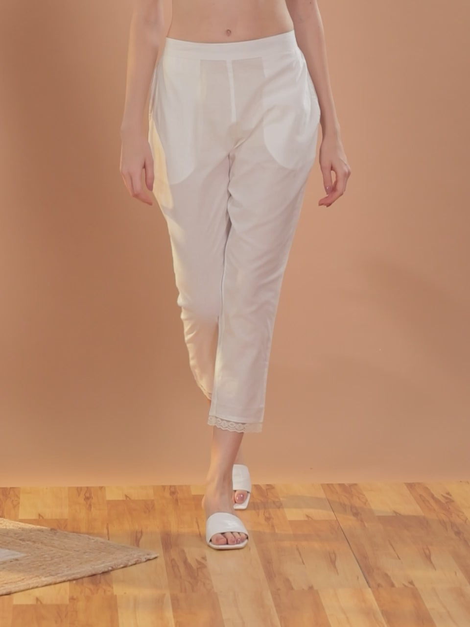 Off White Solid Cotton Trousers