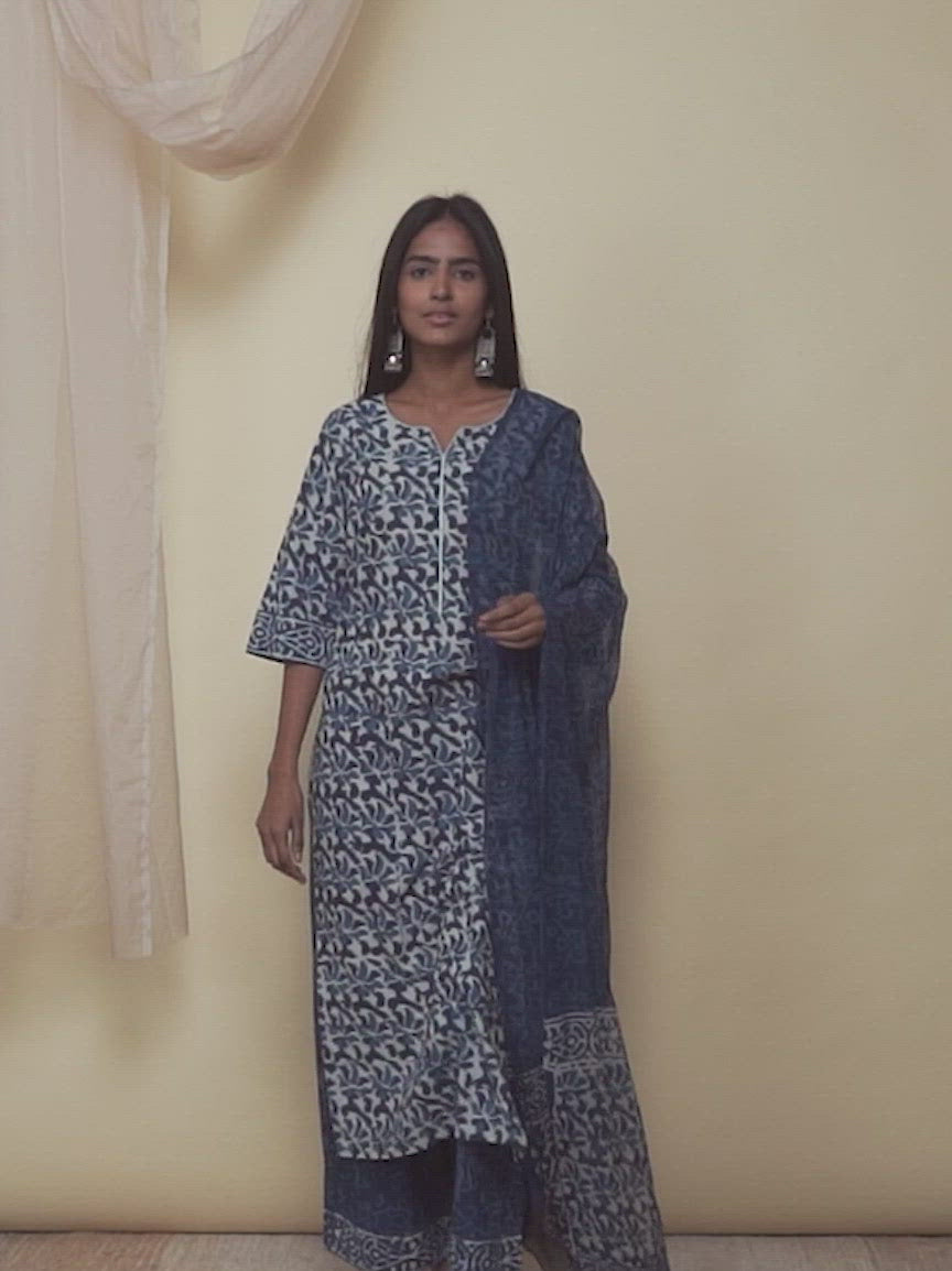 Indigo Printed Cotton Straight Kurta With Palazzos & Dupatta
