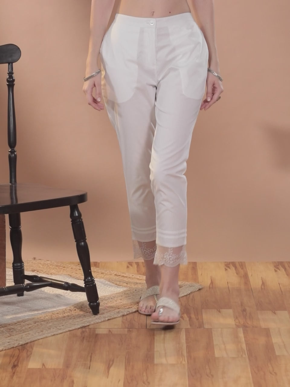 Off White Solid Cotton Trousers
