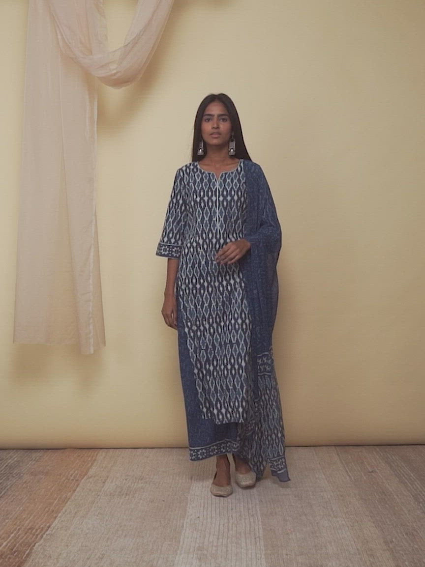 Indigo Printed Cotton Straight Kurta With Palazzos & Dupatta
