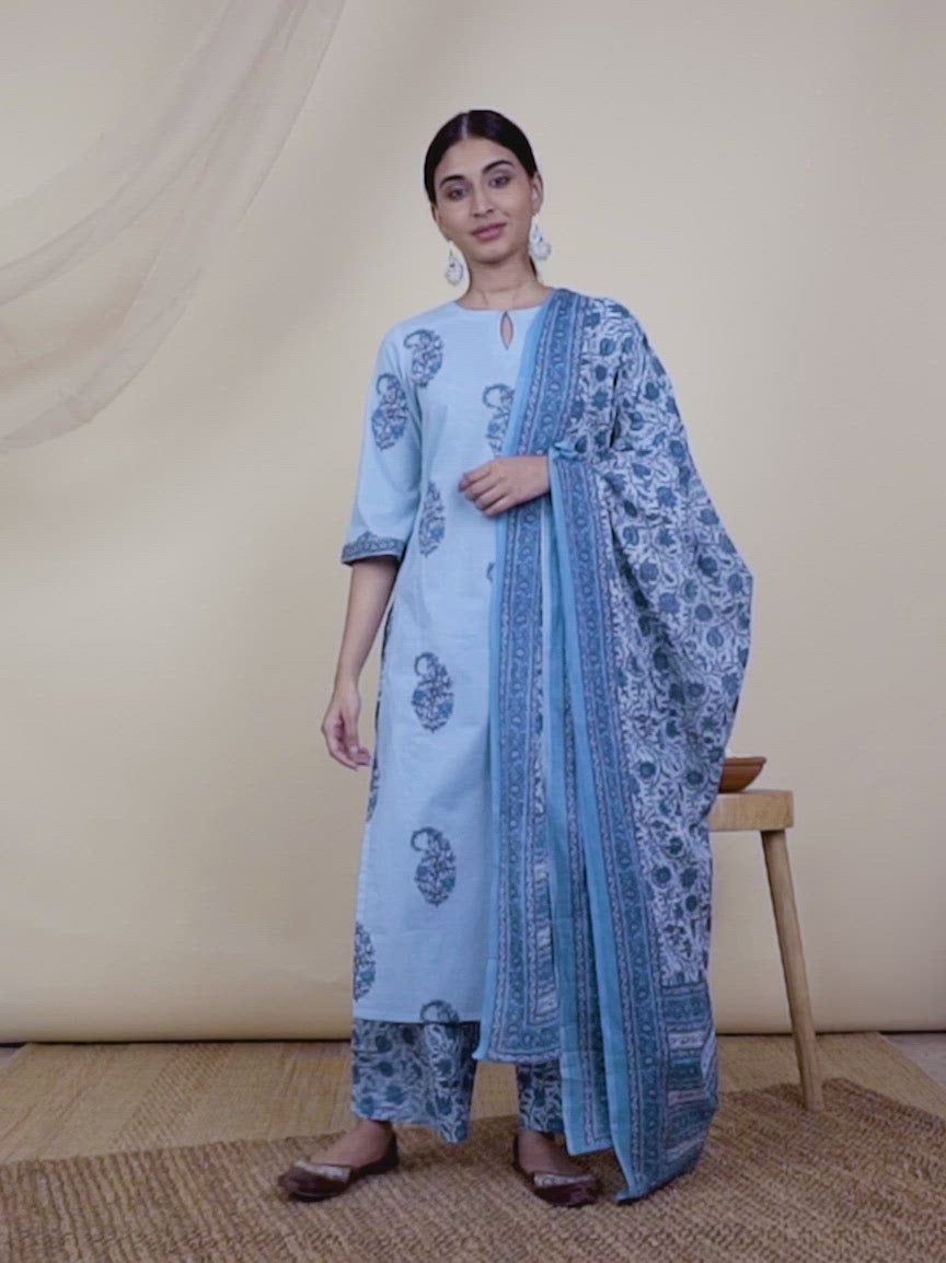 Turquoise Blue Printed Cotton Straight Kurta With Palazzos & Dupatta