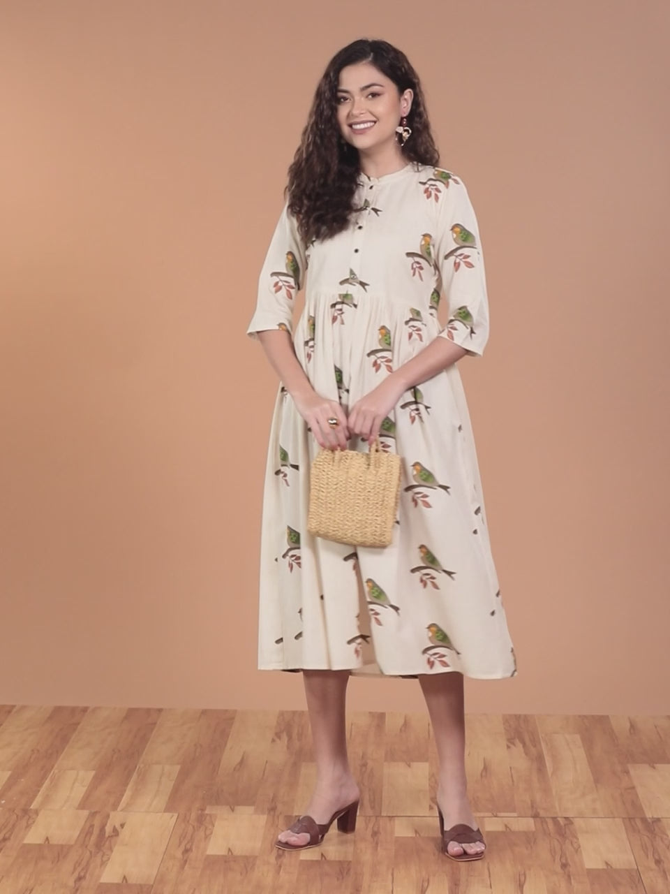 Off White Printed Cotton Fit and Flare Dress