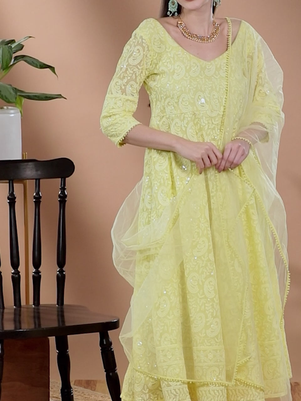 Yellow Embroidered Georgette Anarkali Kurta With Churidar & Dupatta