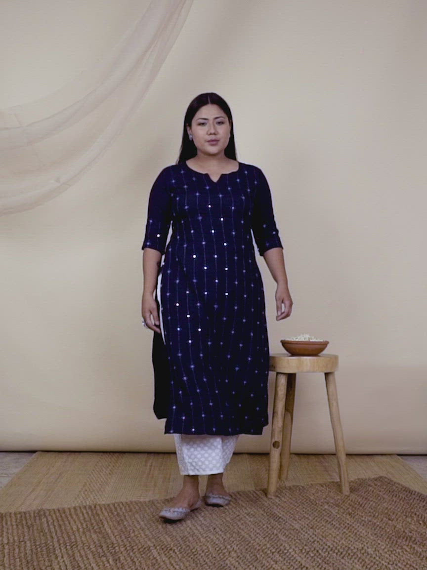 Plus Size Navy Blue Embroidered Rayon Kurta
