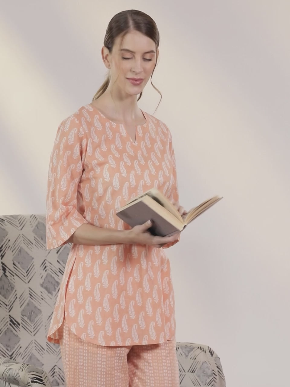 Peach Printed Cotton Night Suit