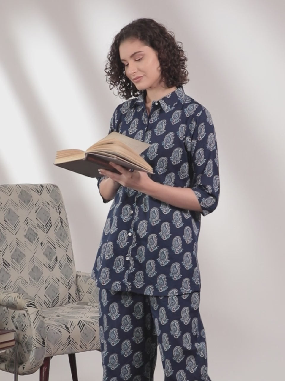 Navy Blue Printed Cotton Night Suit