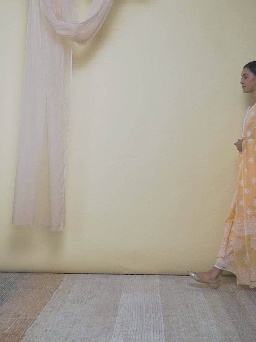 Peach Printed Cotton Anarkali Kurta With Palazzos & Dupatta