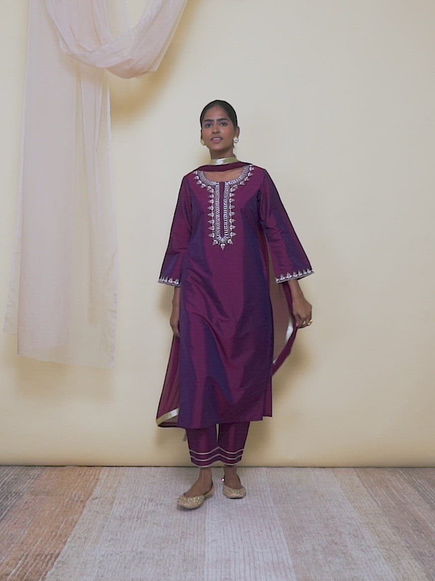 Purple Embroidered Silk Straight Kurta With Dupatta
