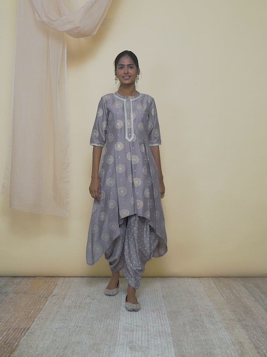 Taupe Printed Silk A-Line Kurta With Dhoti Pant