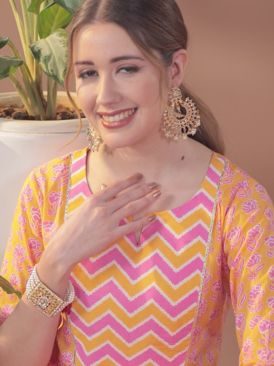 Orange Yoke Design Cotton Kurta