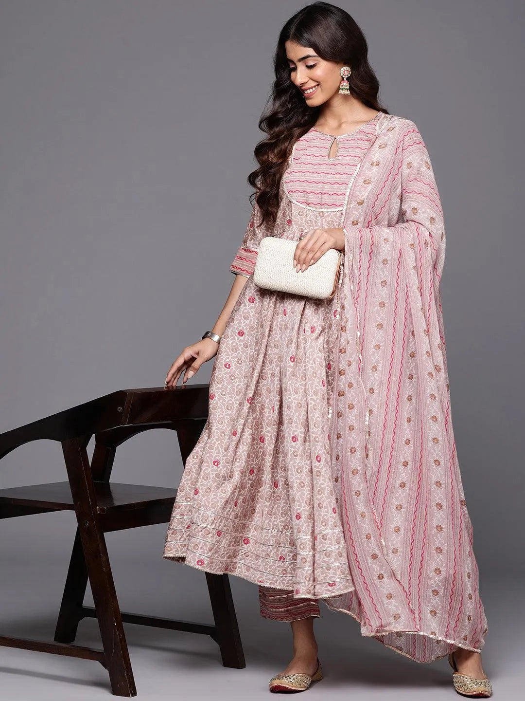 Beige Printed Silk Blend Anarkali Kurta With Trousers & Dupatta Online at Rs.2399 | Libas