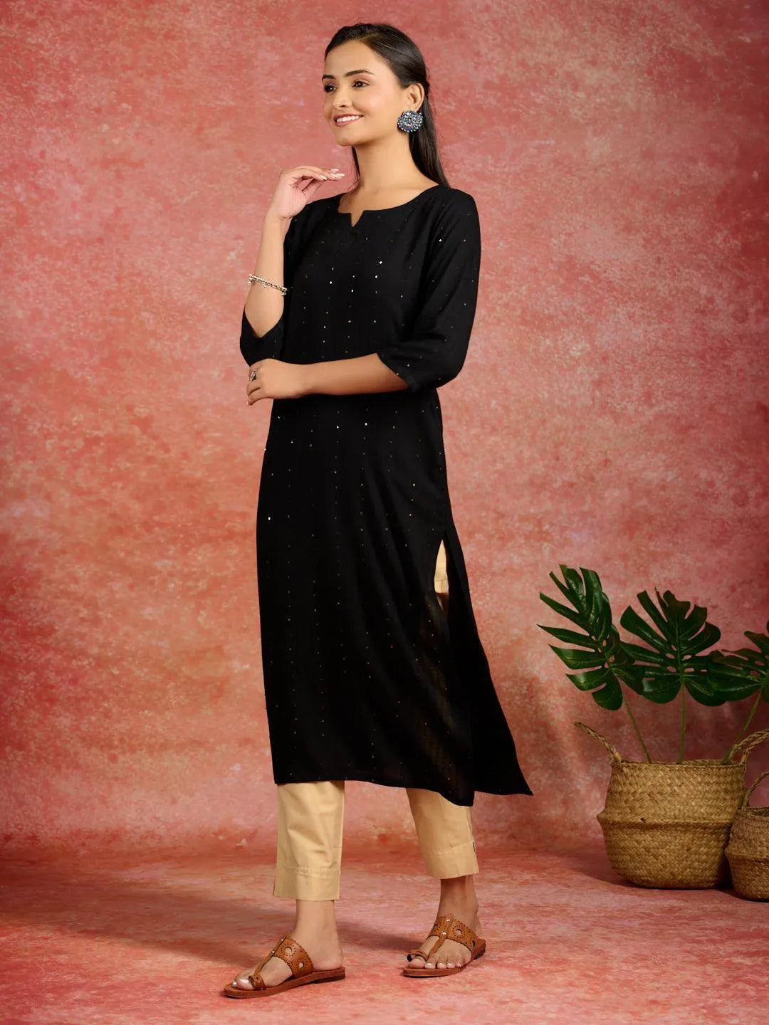 Black Embroidered Rayon Straight Kurta - Libas