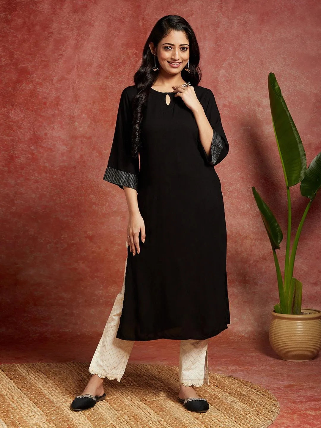 Buy Black Solid Rayon Straight Kurta Online at Libas