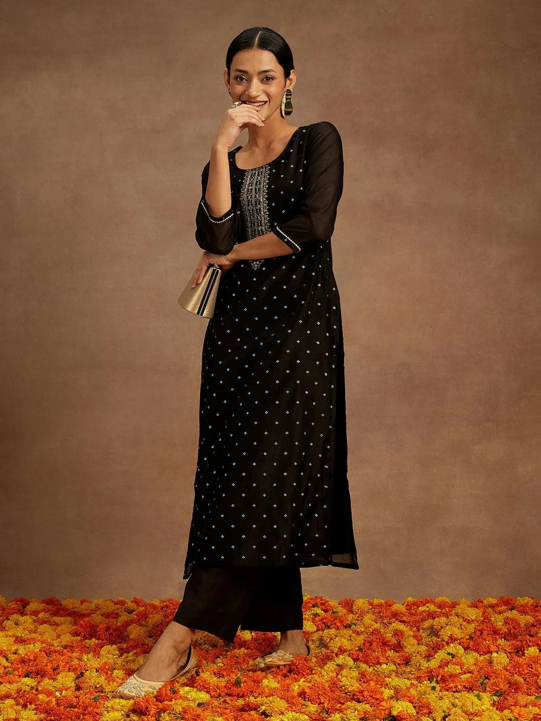 Black Woven Design Chanderi Silk Straight Kurta - Libas