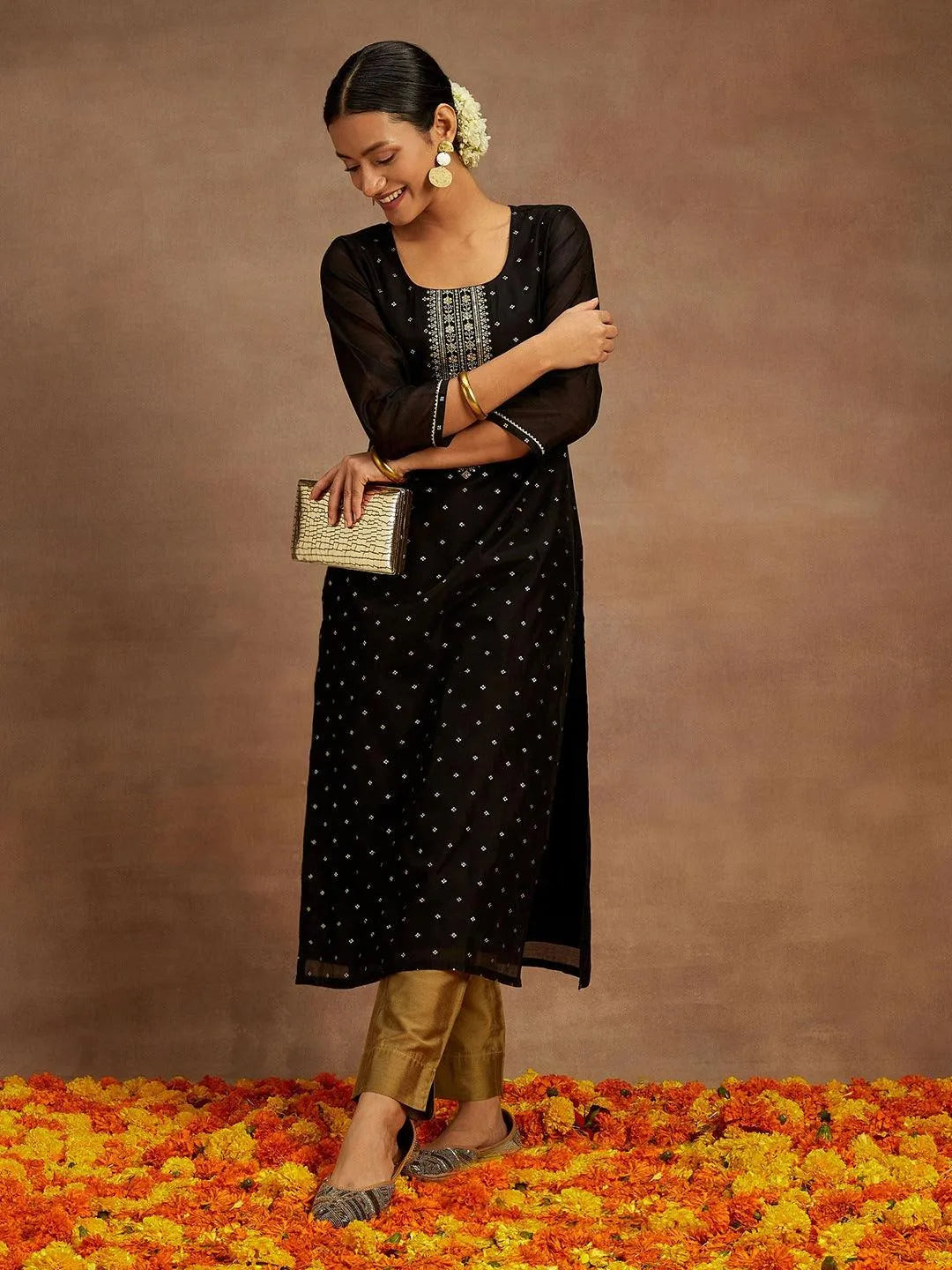 Black Woven Design Chanderi Silk Straight Kurta - Libas
