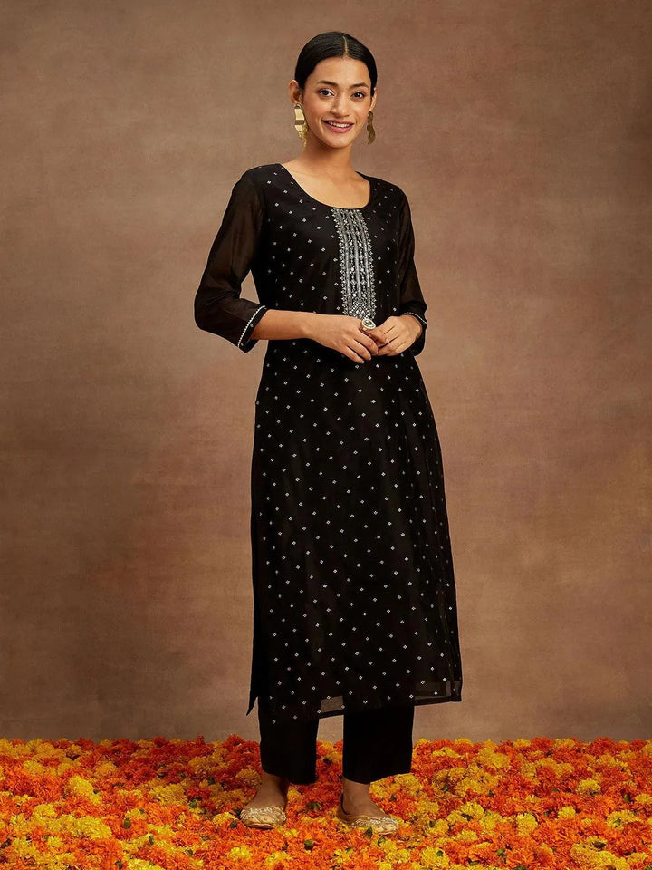 Black Woven Design Chanderi Silk Straight Kurta - Libas