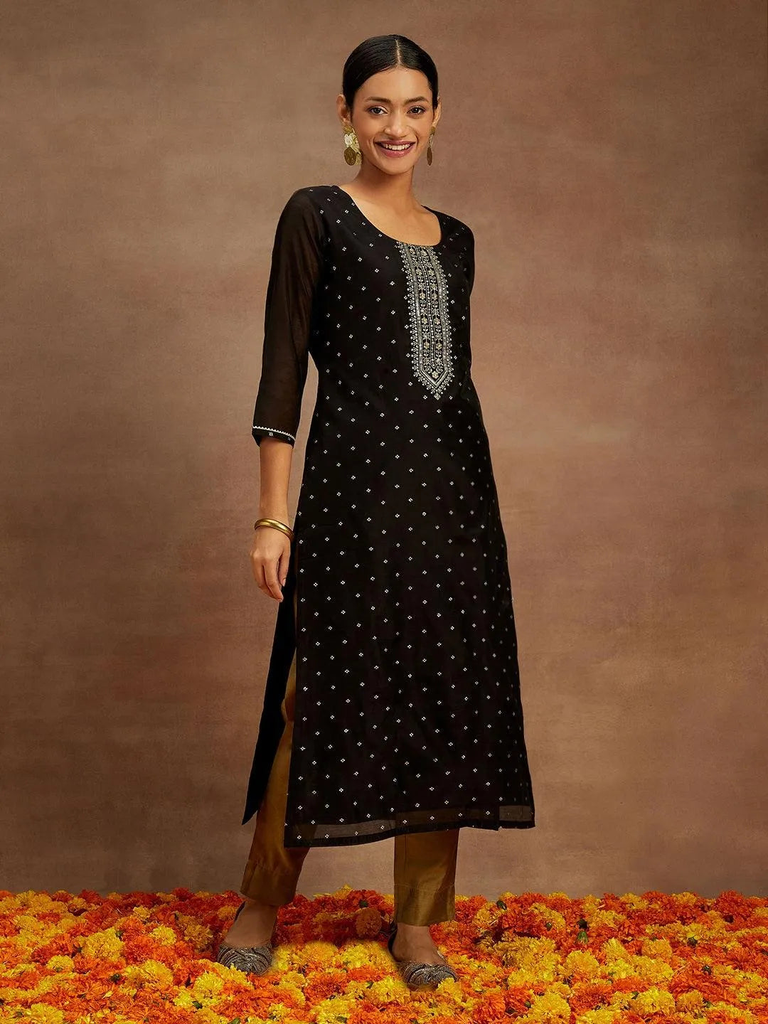 Black Woven Design Chanderi Silk Straight Kurta - Libas