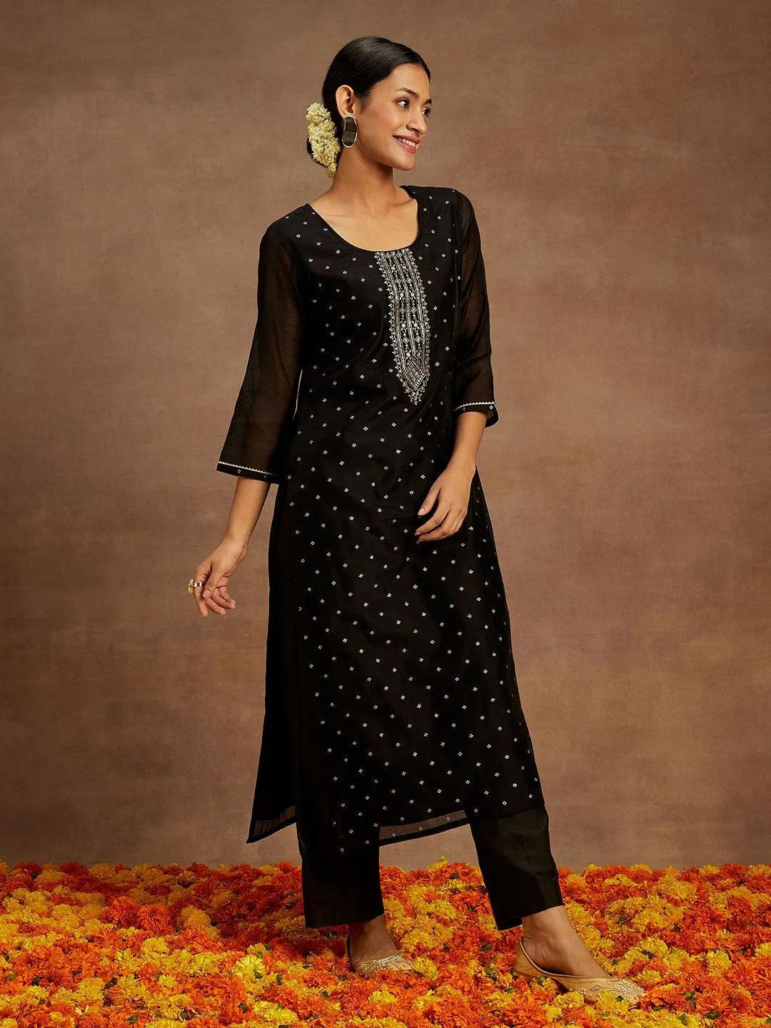 Black Woven Design Chanderi Silk Straight Kurta - Libas