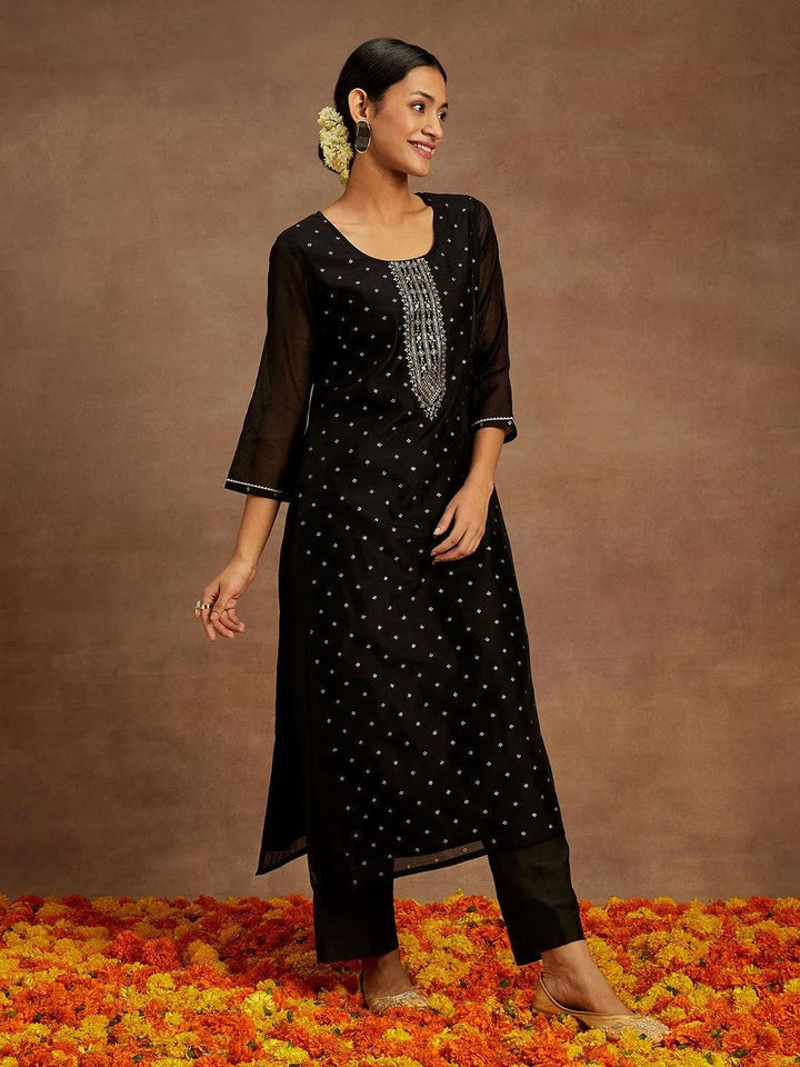 Black Woven Design Chanderi Silk Straight Kurta - Libas