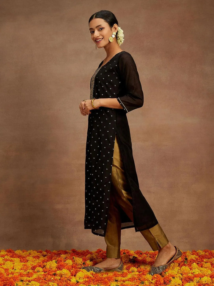 Black Woven Design Chanderi Silk Straight Kurta - Libas
