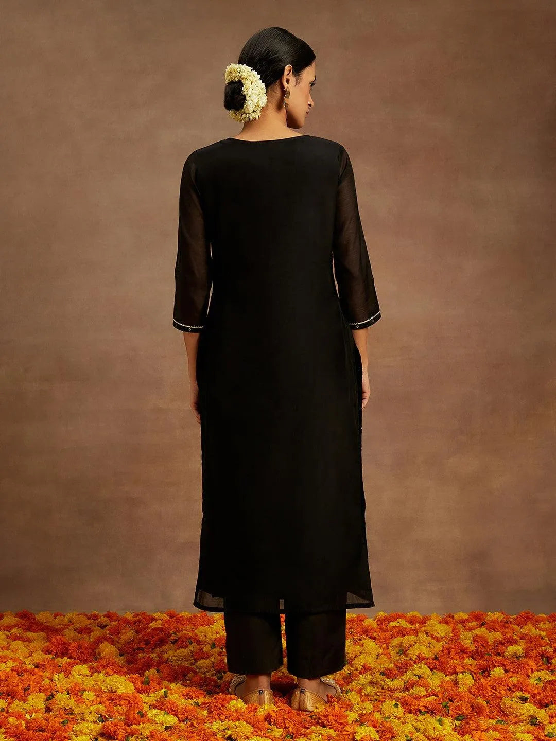 Black Woven Design Chanderi Silk Straight Kurta - Libas