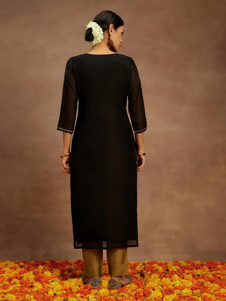 Black Woven Design Chanderi Silk Straight Kurta - Libas