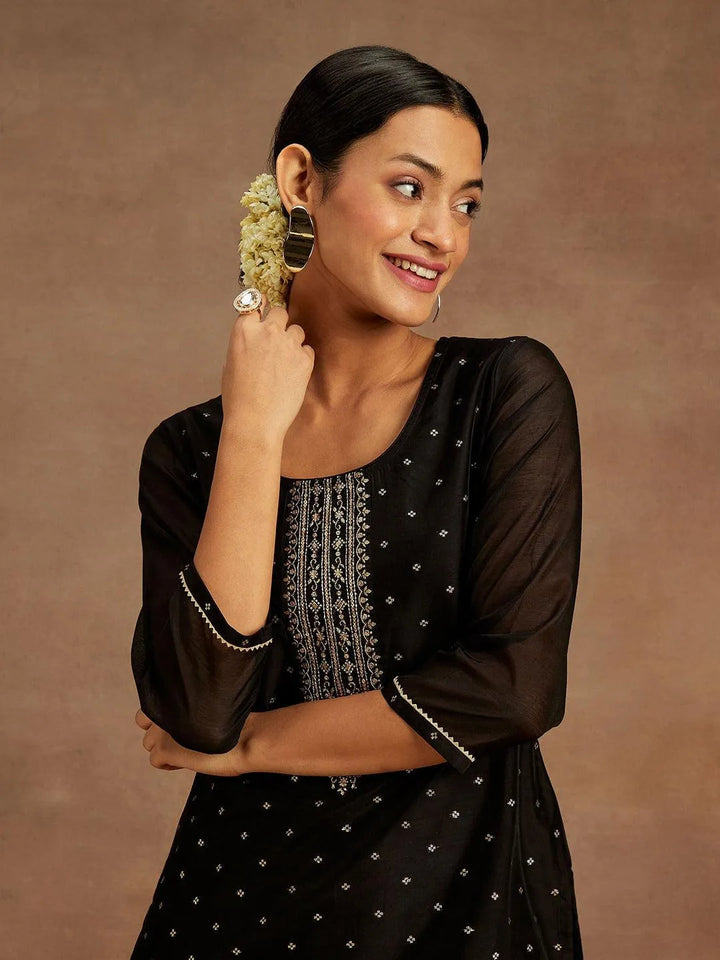 Black Woven Design Chanderi Silk Straight Kurta - Libas