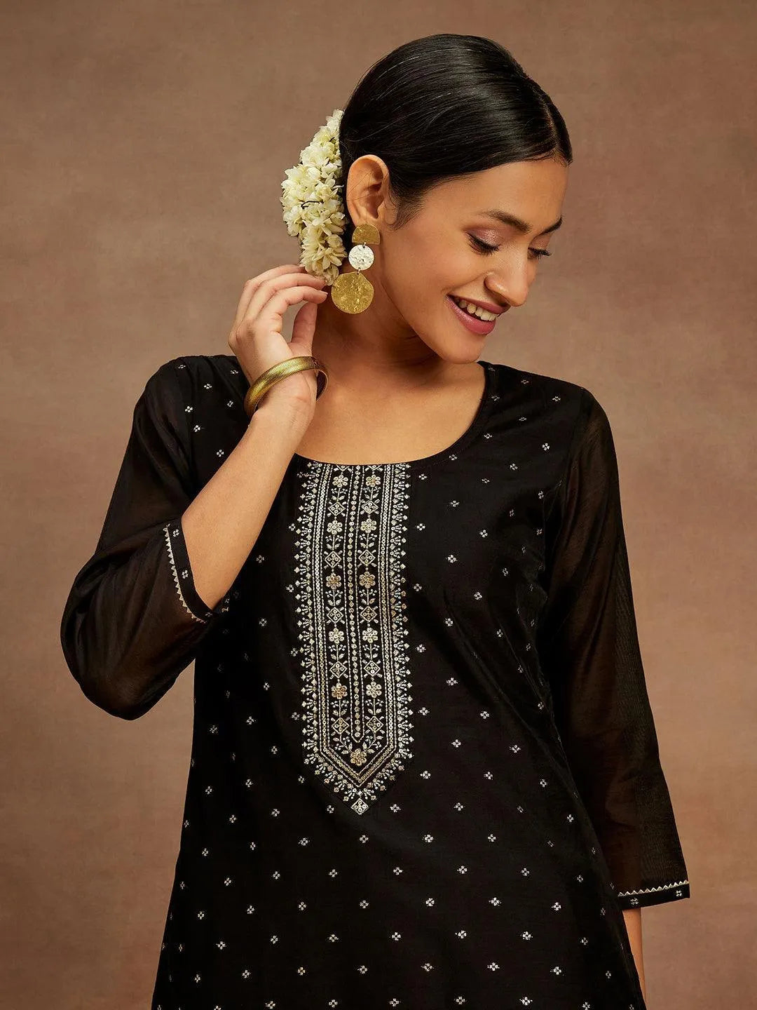 Black Woven Design Chanderi Silk Straight Kurta - Libas