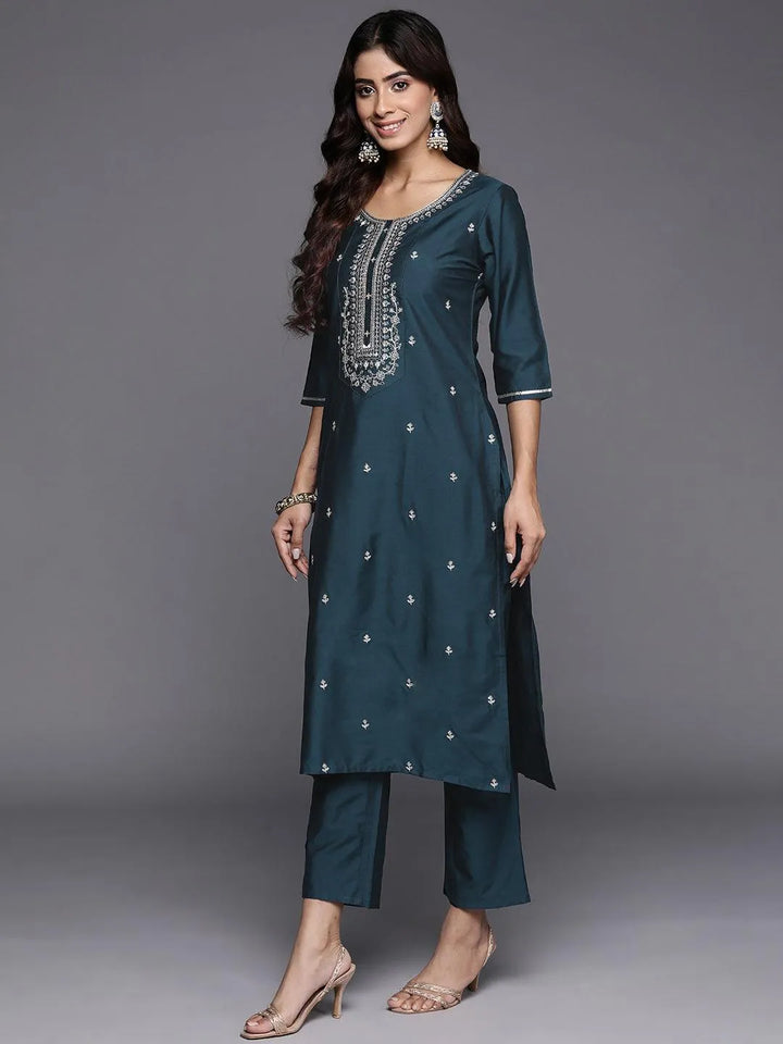 Blue Embroidered Silk Blend Straight Kurta With Trousers & Dupatta - Libas