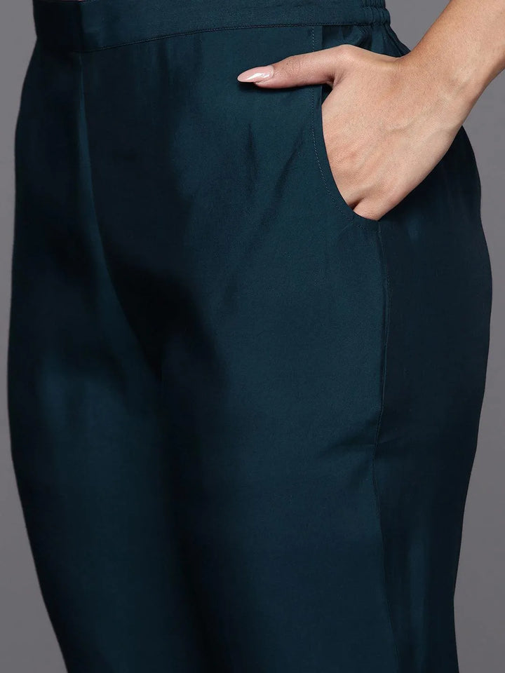 Blue Embroidered Silk Blend Straight Kurta With Trousers & Dupatta - Libas