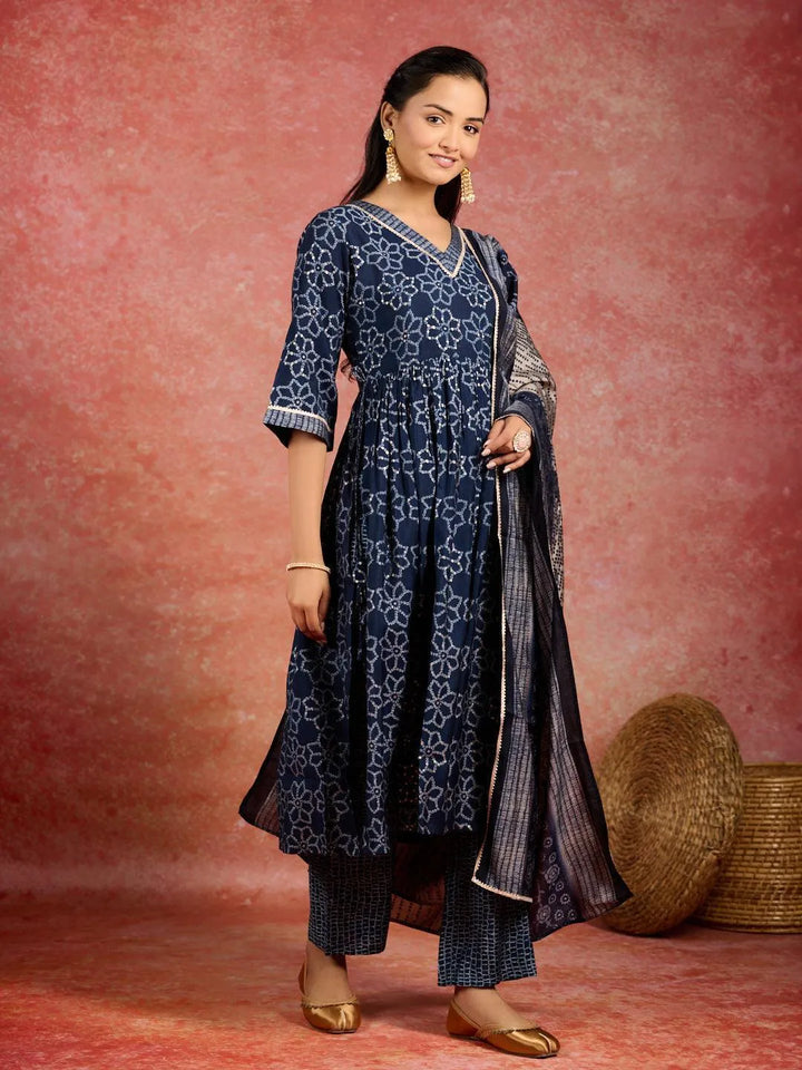 Blue Printed Silk Blend A-Line Kurta With Trousers & Dupatta - Libas