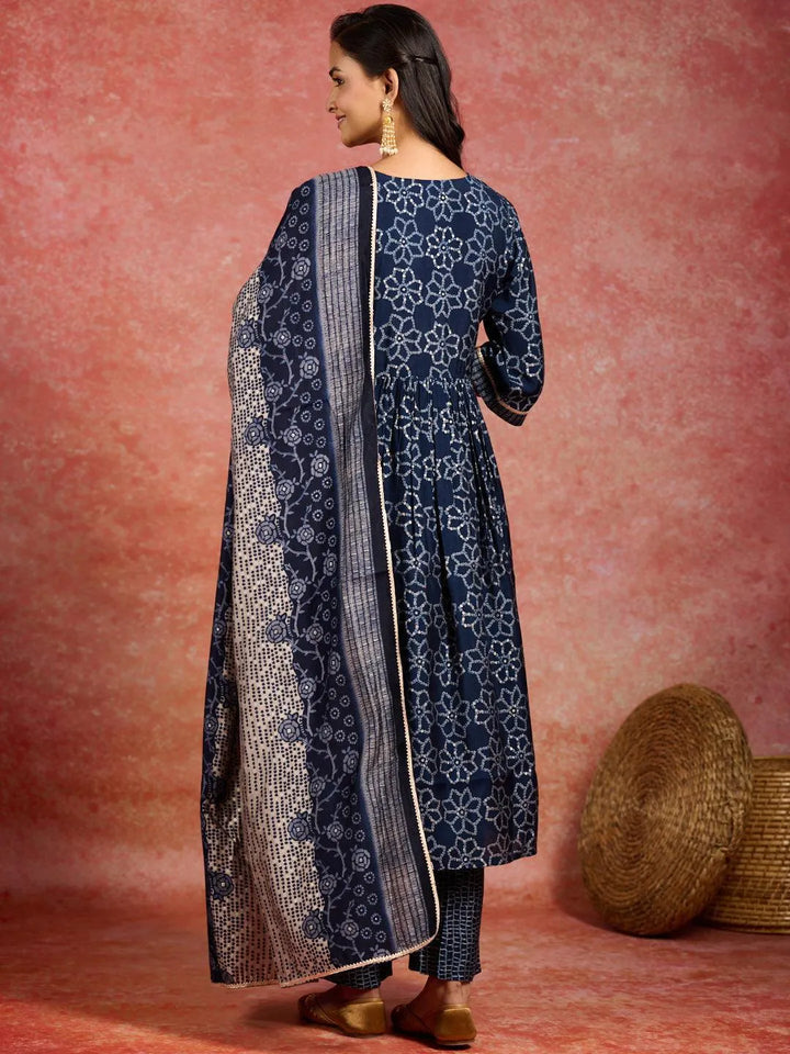Blue Printed Silk Blend A-Line Kurta With Trousers & Dupatta - Libas