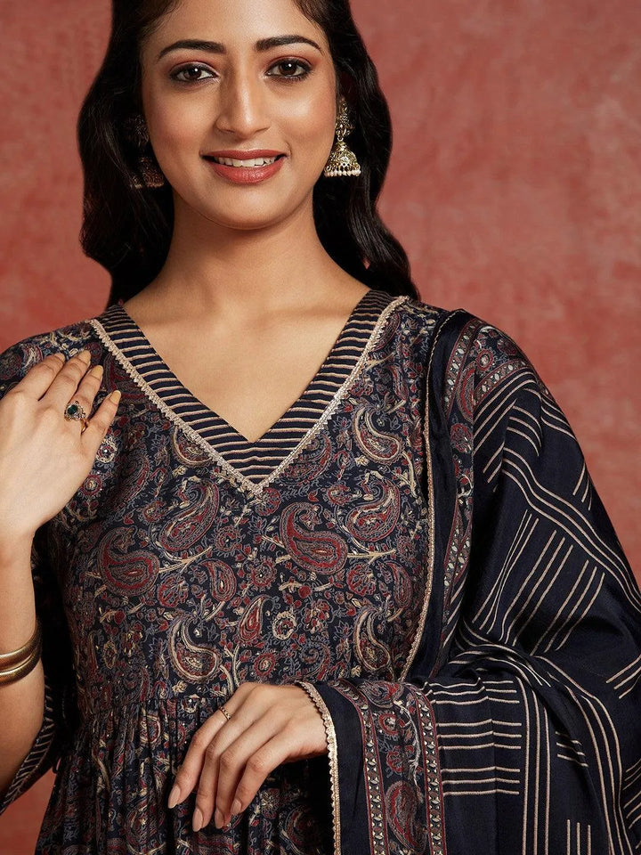 Blue Printed Silk Blend A-Line Kurta With Trousers & Dupatta - Libas