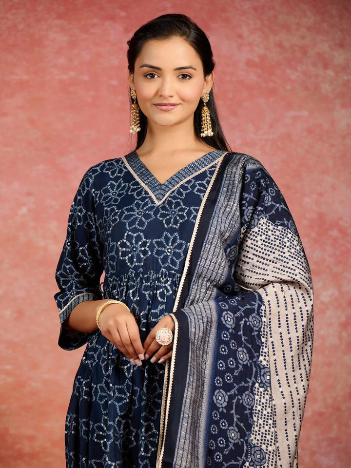 Blue Printed Silk Blend A-Line Kurta With Trousers & Dupatta - Libas