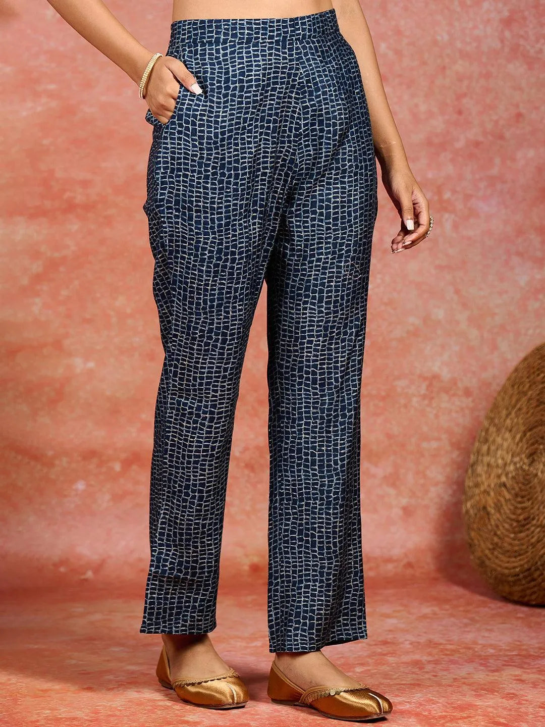 Blue Printed Silk Blend A-Line Kurta With Trousers & Dupatta - Libas