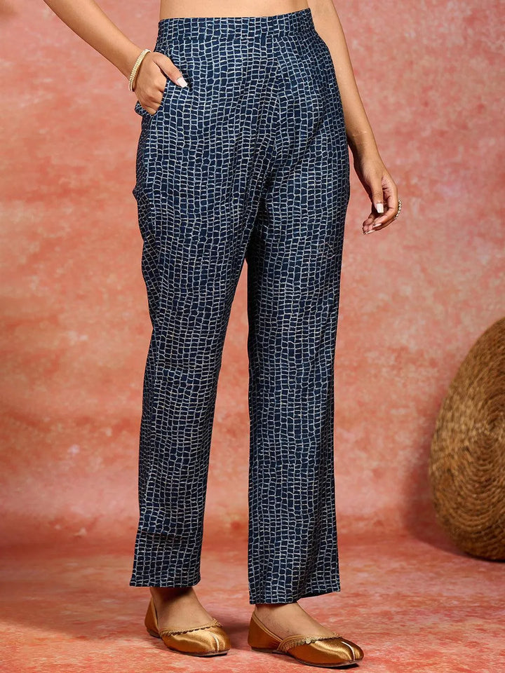 Blue Printed Silk Blend A-Line Kurta With Trousers & Dupatta - Libas