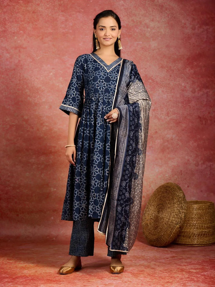 Blue Printed Silk Blend A-Line Kurta With Trousers & Dupatta - Libas