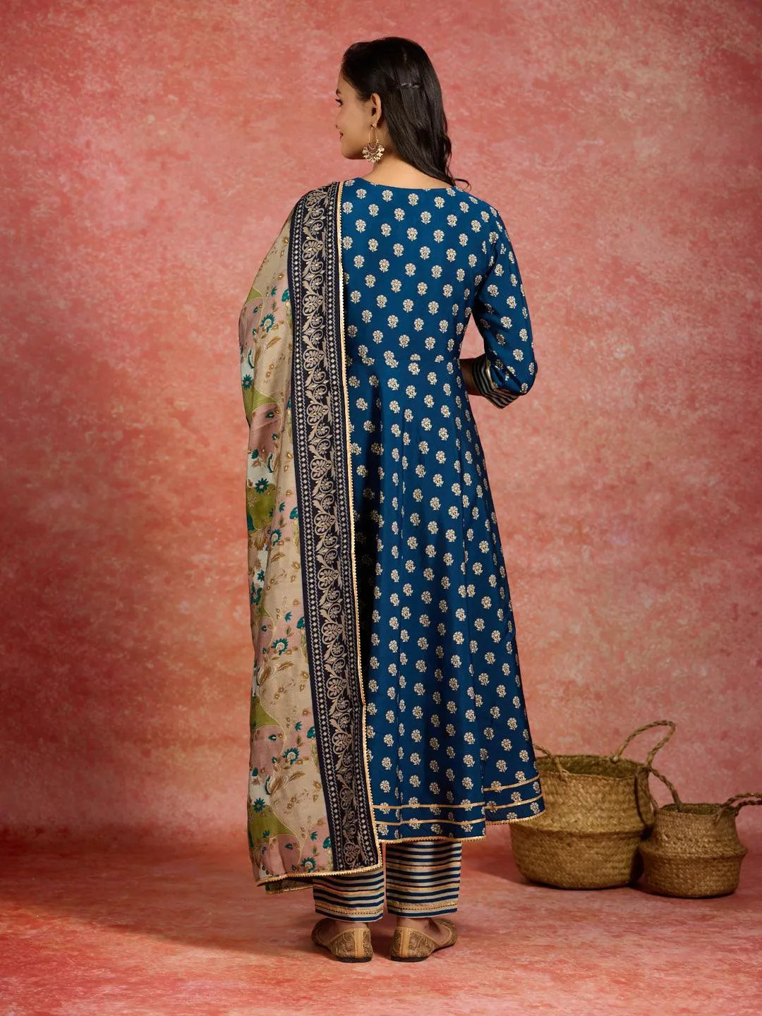 Blue Printed Silk Blend Anarkali Kurta With Trousers & Dupatta - Libas