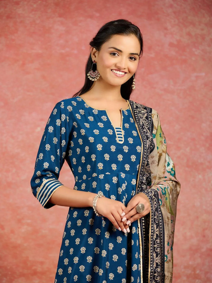 Blue Printed Silk Blend Anarkali Kurta With Trousers & Dupatta - Libas