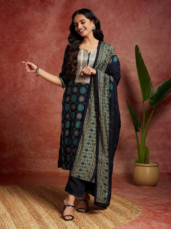 Blue Printed Silk Blend Straight Kurta With Trousers & Dupatta - Libas