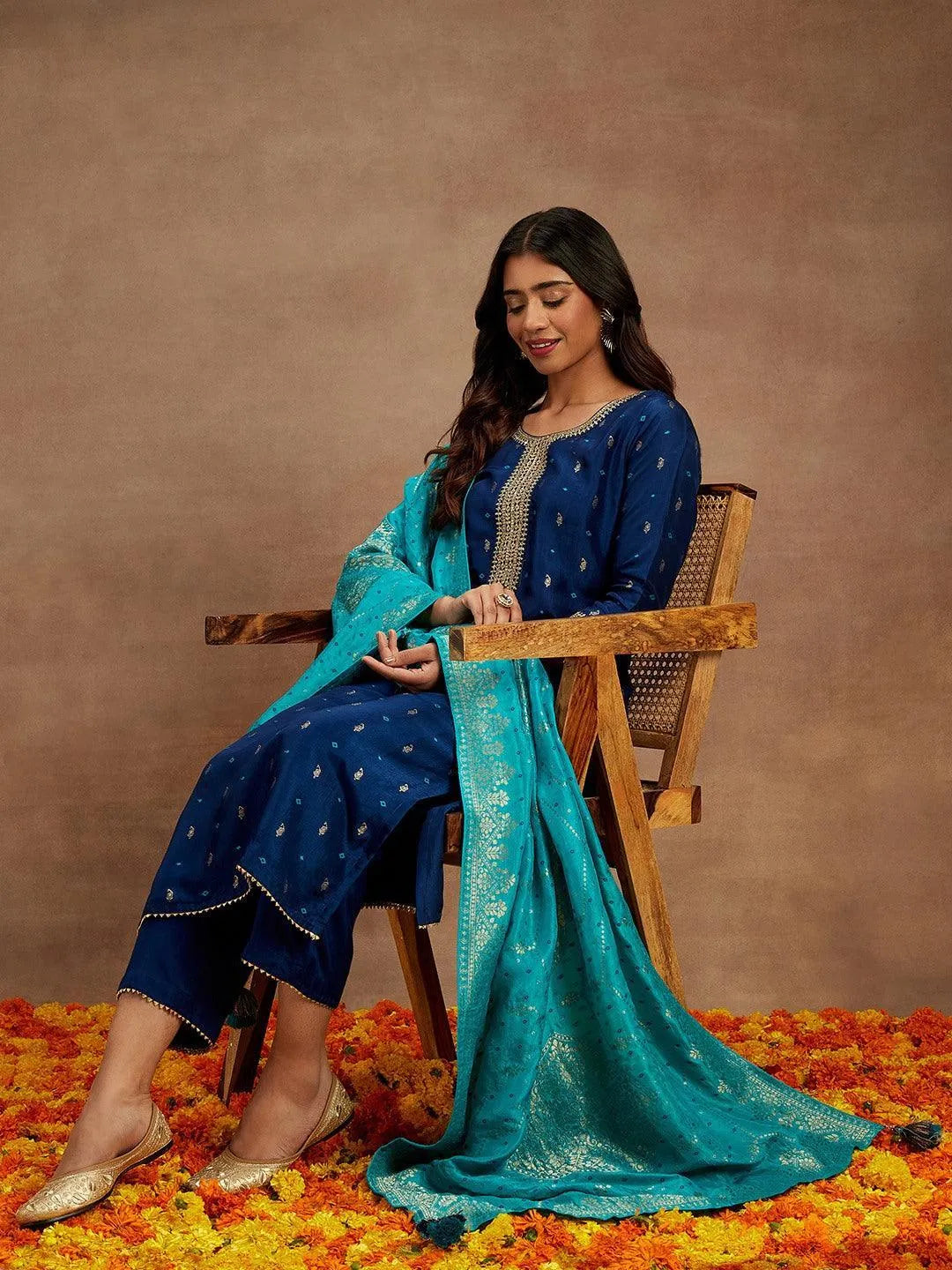 Blue Printed Silk Straight Kurta With Trousers & Dupatta - Libas