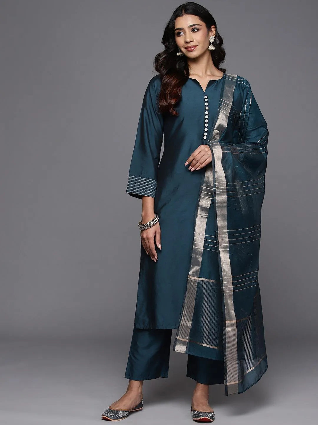 Blue Solid Silk Blend Straight Suit With Dupatta Online at Rs.1648 | Libas