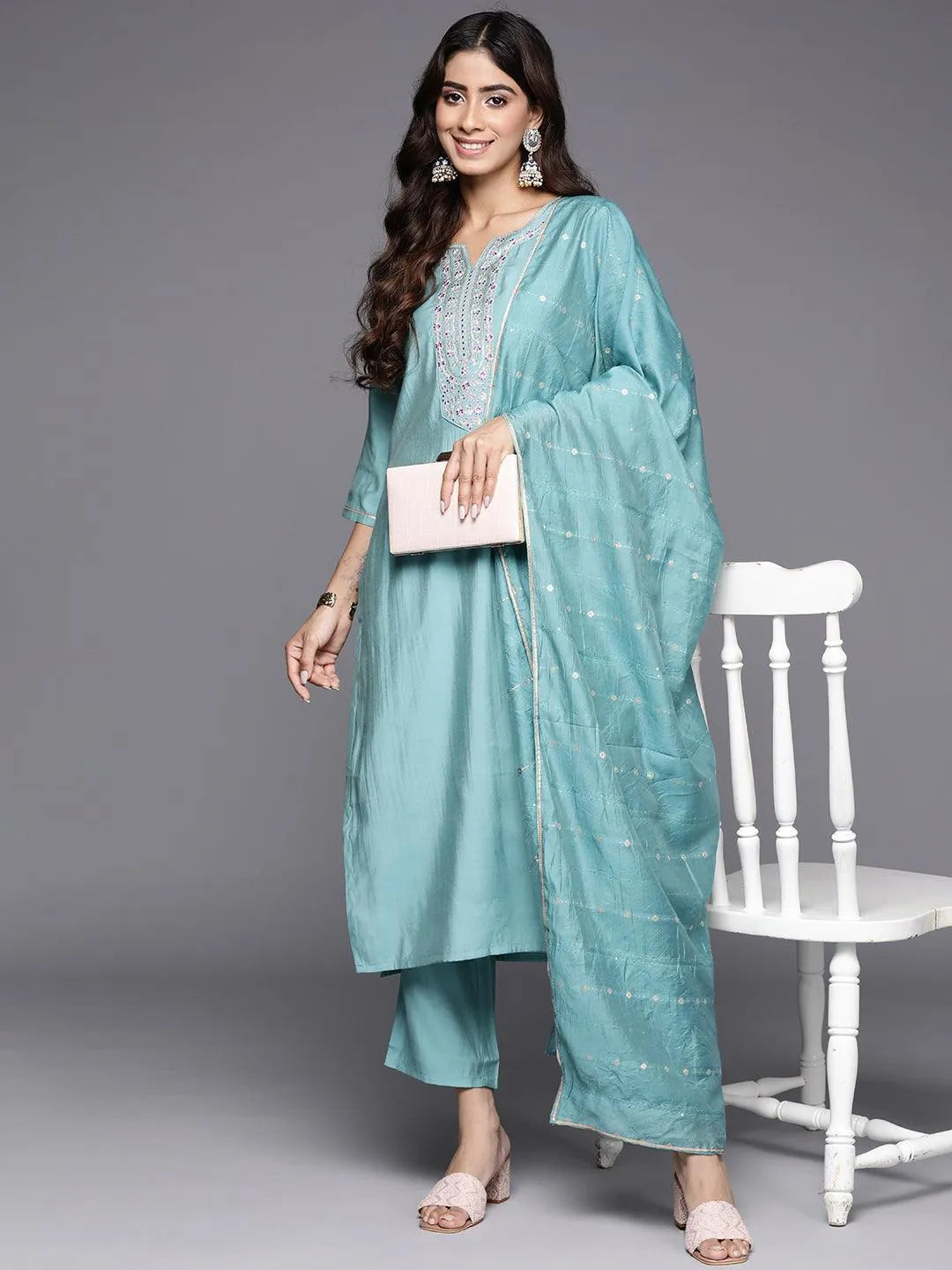 Blue Yoke Design Silk Blend Straight Kurta With Trousers & Dupatta Online at Rs.1249 | Libas