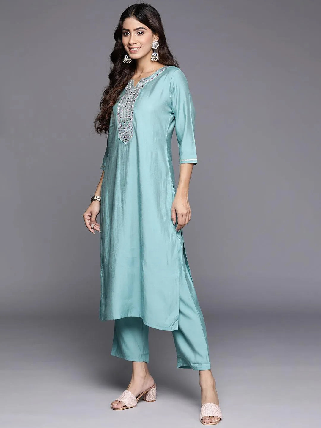 Blue Yoke Design Silk Blend Straight Kurta With Trousers & Dupatta - Libas