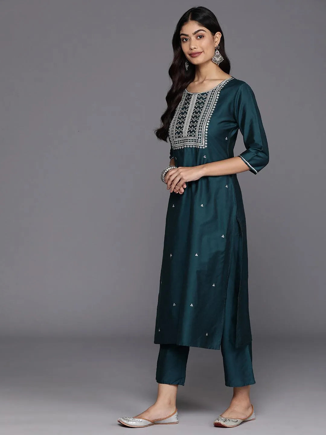 Blue Yoke Design Silk Blend Straight Kurta With Trousers & Dupatta - Libas