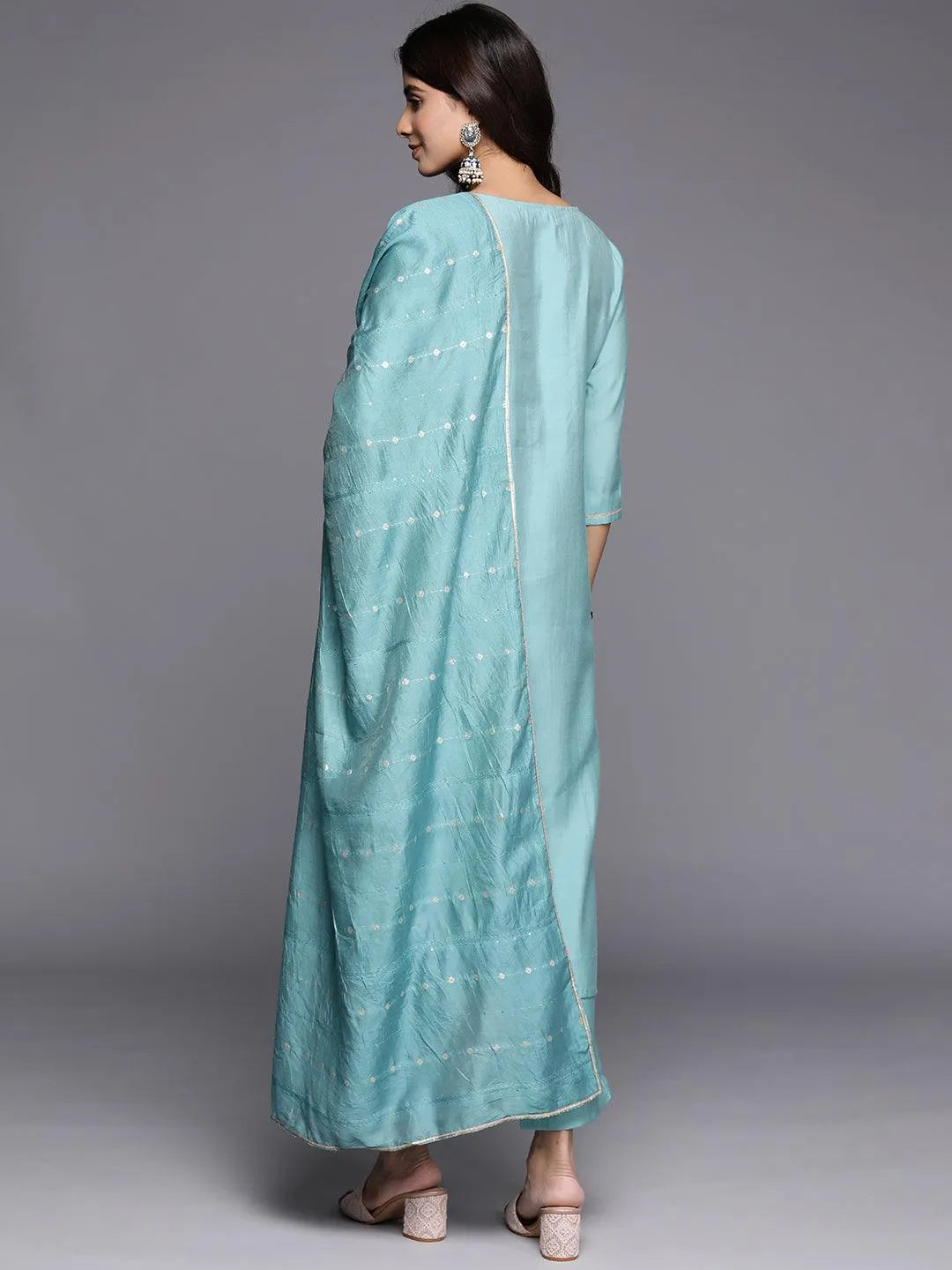 Blue Yoke Design Silk Blend Straight Kurta With Trousers & Dupatta - Libas