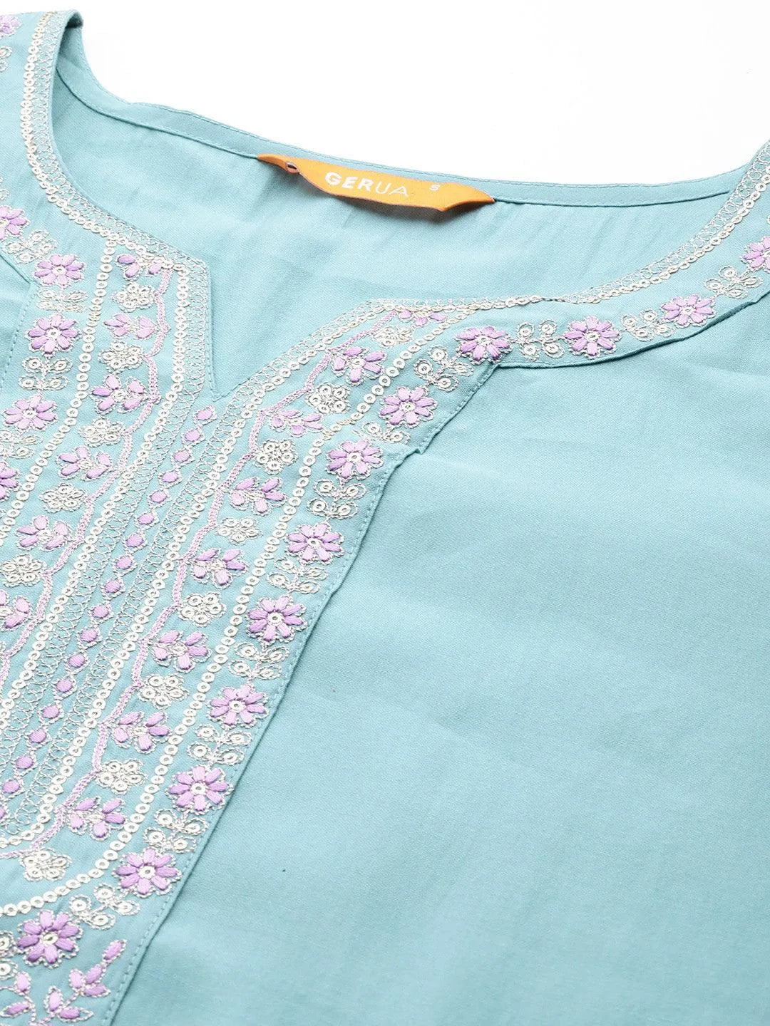 Blue Yoke Design Silk Blend Straight Kurta With Trousers & Dupatta - Libas