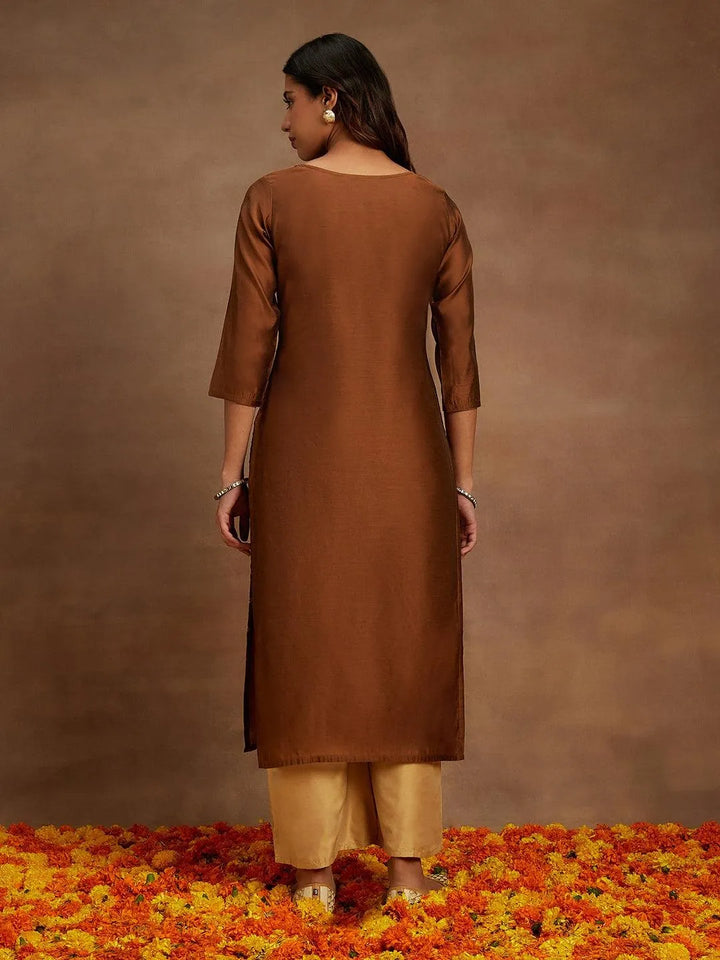 Brown Woven Design Chanderi Silk Straight Kurta - Libas