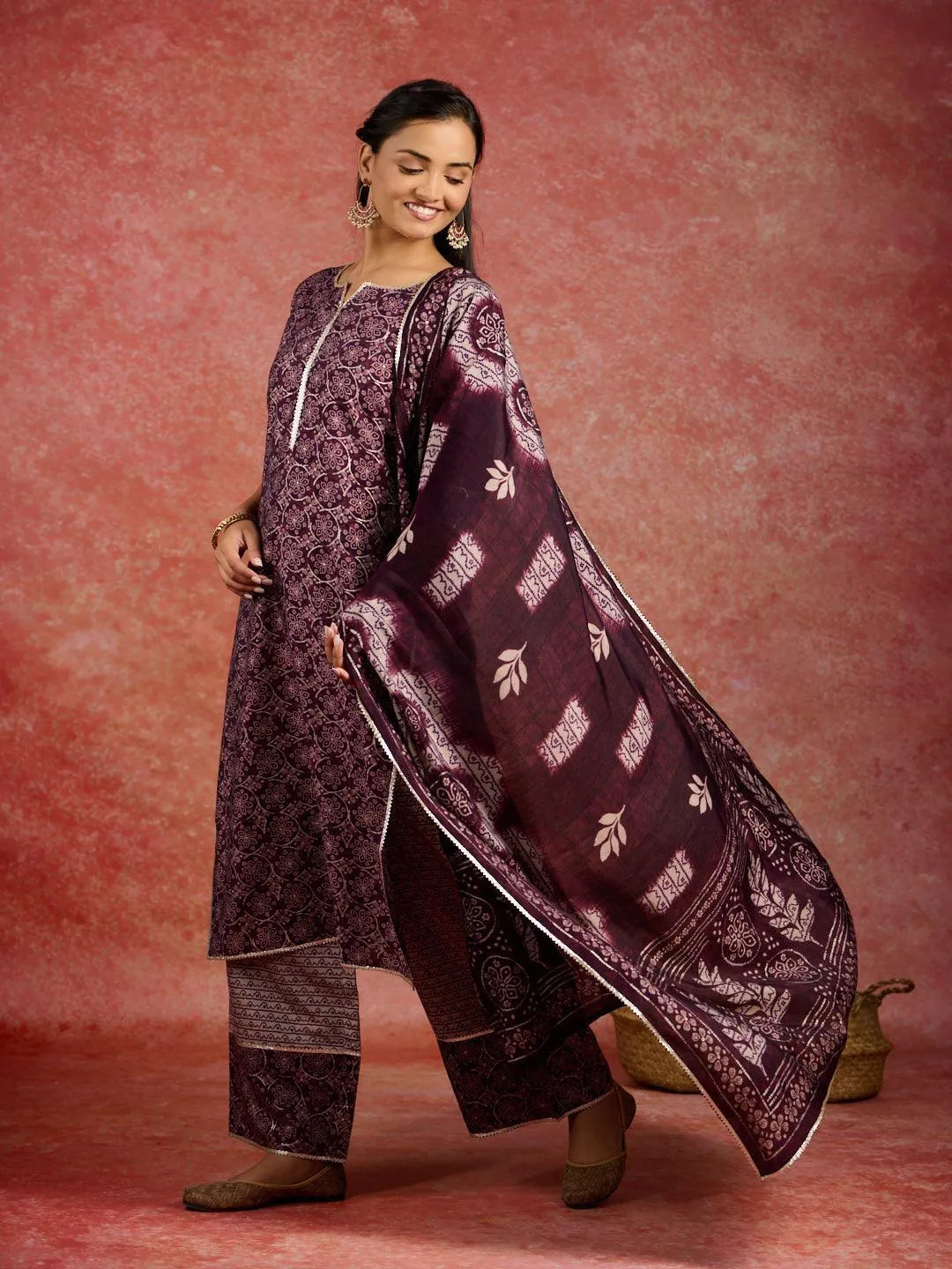 Buy Burgundy Printed Silk Blend Straight Suit With Dupatta Online